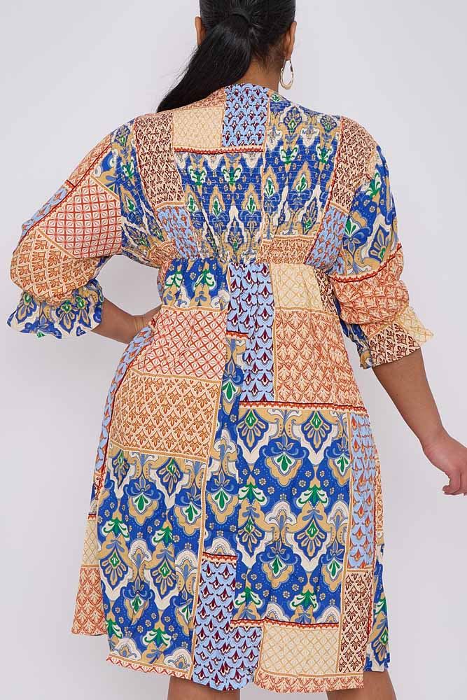 Geometric Print Shirred Dress