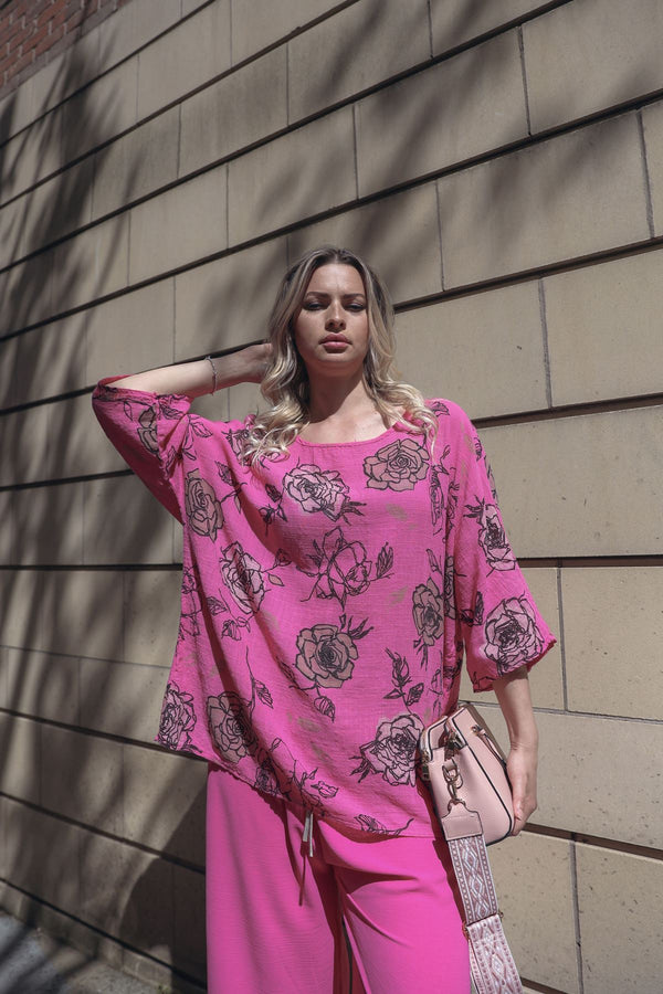 Rose Flower Print Oversized Necklace Tunic Cotton Top