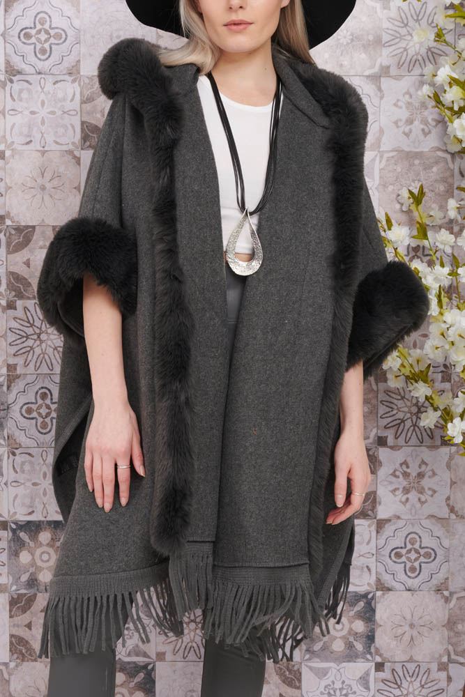 Plain Faux Fur Tassel Hem Cardigan