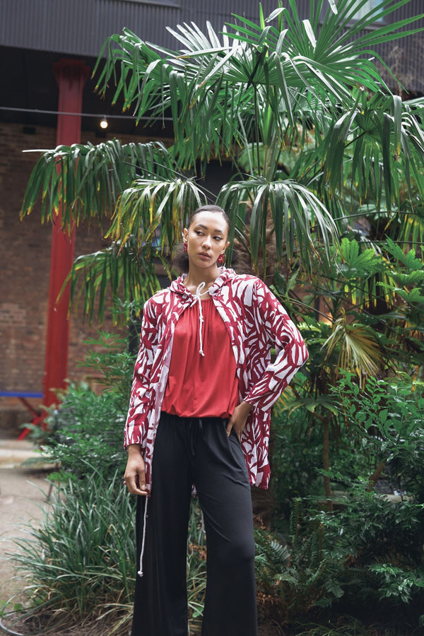 Bold Abstract leaf Print Drawstring Tie Front Cardigan