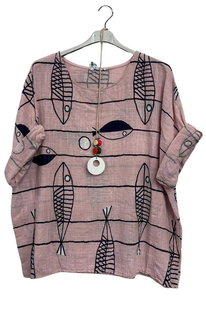 Abstract Fish Print Cotton Tunic Top