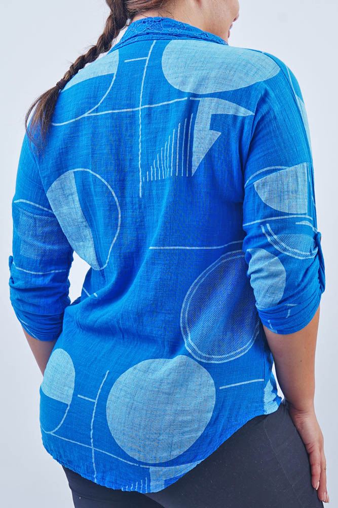 Circle Print Floral Lace Collar Cotton Shirt