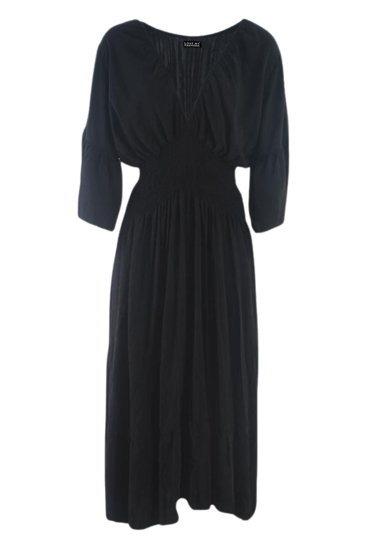 Plain Shirred Waist Flared Sleeves Maxi Dress