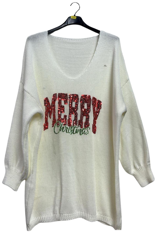 Sequin Merry Christmas Pattern Drop Shoulder Knitted Jumper