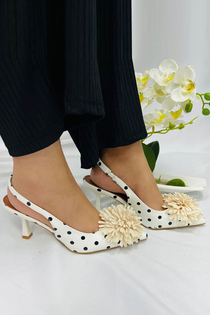 Polka Dot Floral Accent Pointed Toe Sandal
