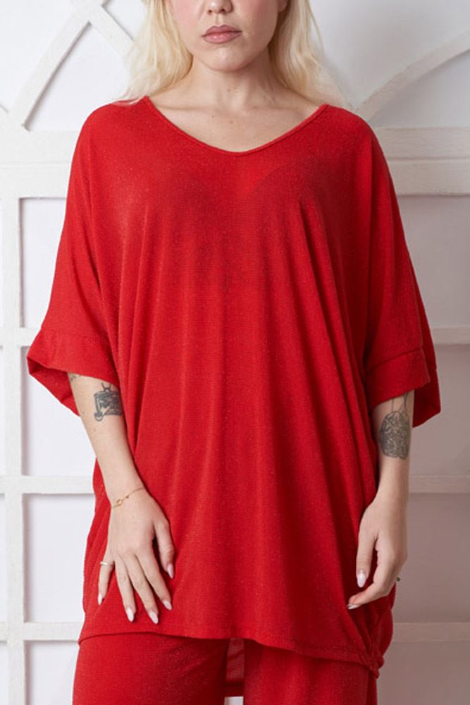 Plain Lurex Pattern Dipped Hem Top