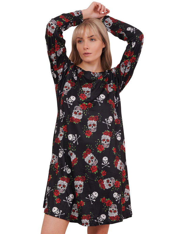 Rose Skull And Bones Print Halloween Dress