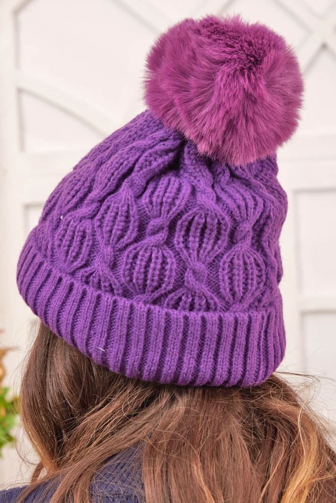 Beanie Cable Knit Pattern Fur PomPom Acrylic Hat