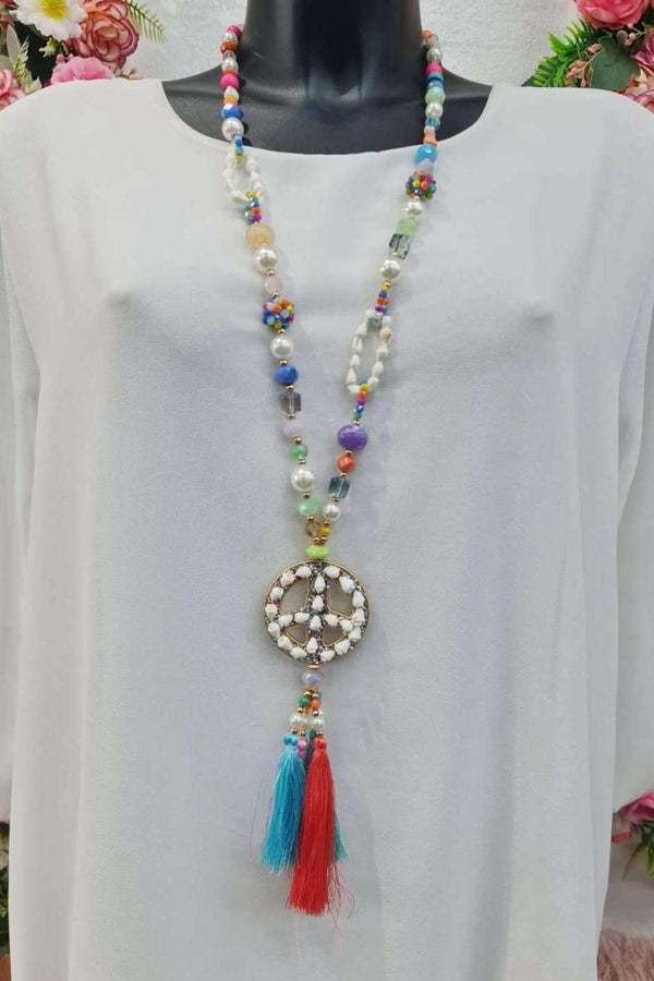 Symbol Pendant Beaded Tassel Necklace