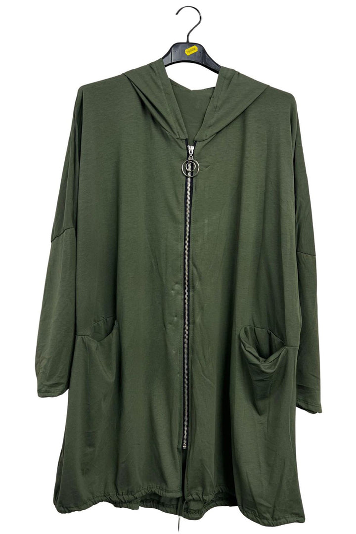 Plain Zip-Front Drawstring Hem Cotton Hoodie