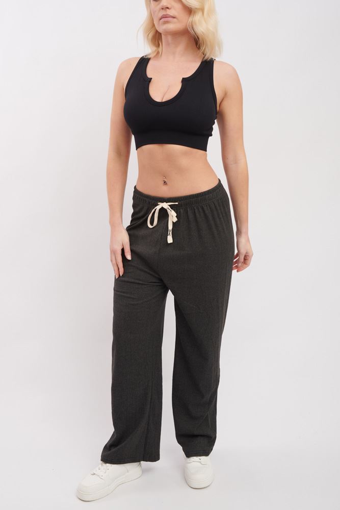 Plain Knit Drawstring Wide Leg Trousers