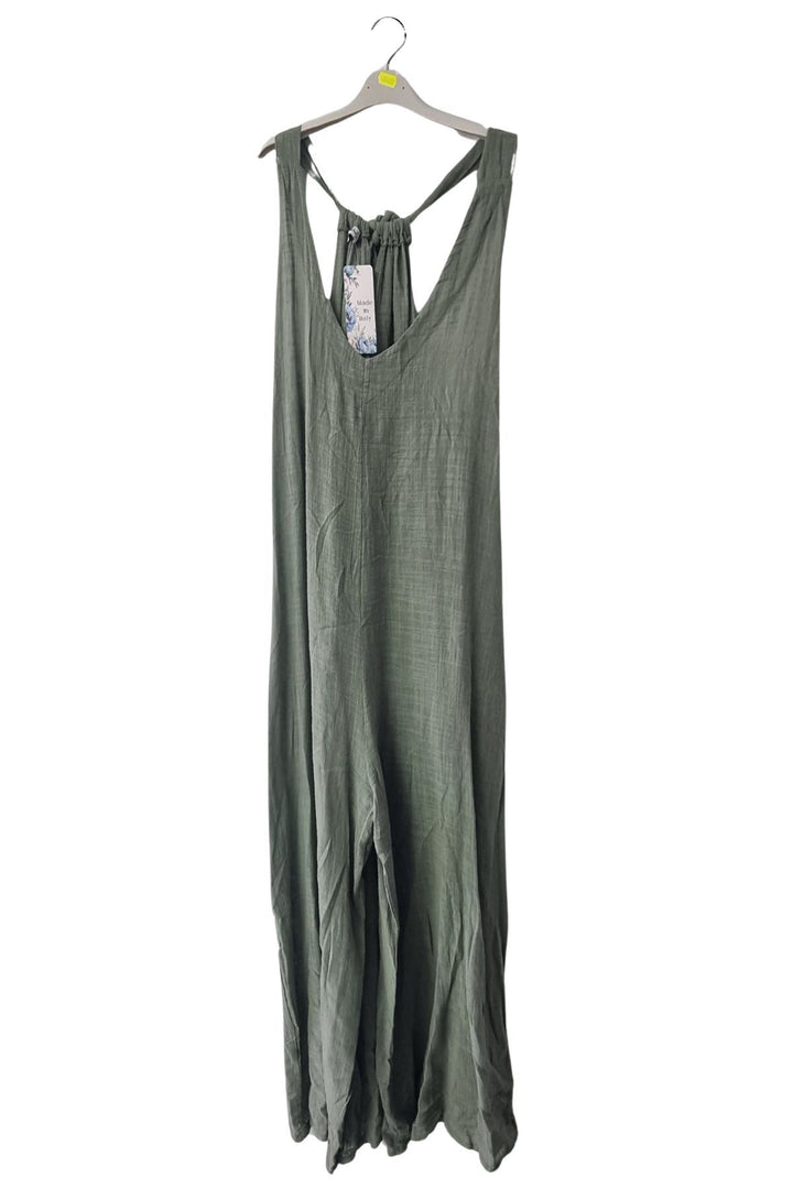Plain Back Tie Detail Pockets Cotton Jumpsuit
