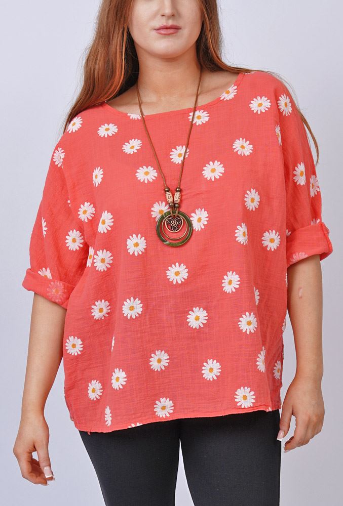 Daisy Flower Print Necklace Cotton Top