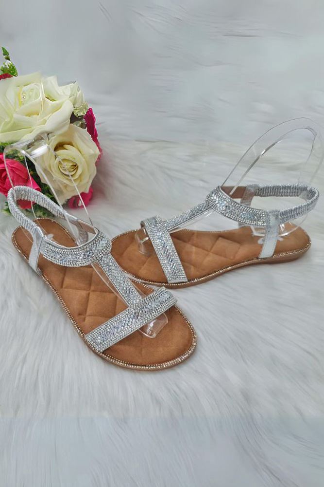 Diamante Embellished Open Toe Elastic Strap Sandal