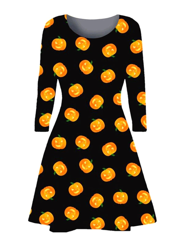 Face Pumpkins Print Halloween Dress