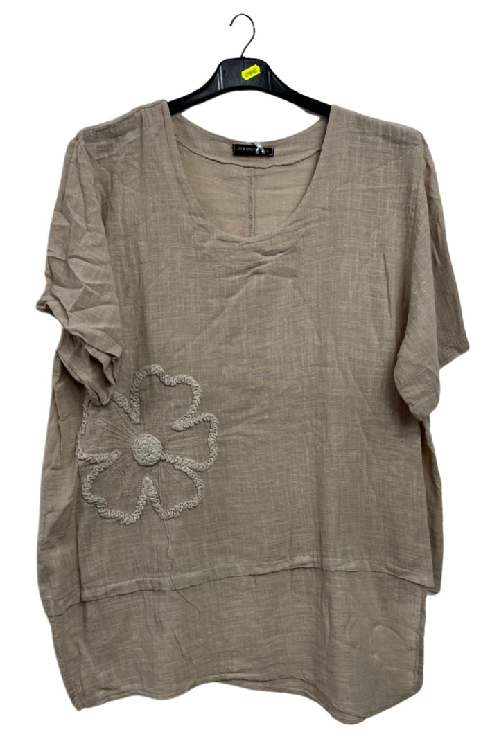 Plain Embroidered Floral Applique Cotton Top