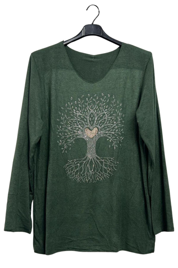 Rhinestone Tree Pattern Soft Feel Tunic Top