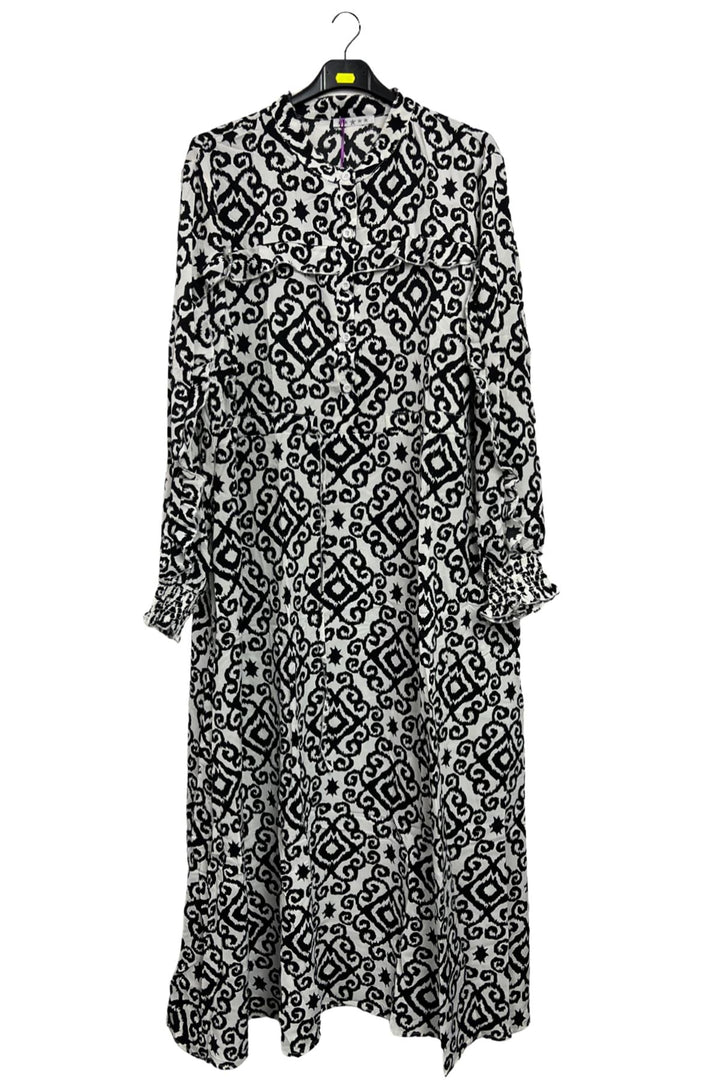 Aztec Print Shirred Cuff Drawstring Waist Dress