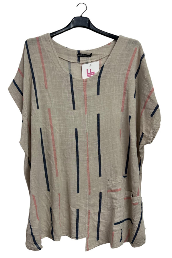 Vertical Diagonal Print Asymmetric Hem Front Patch Pocket Cotton Top