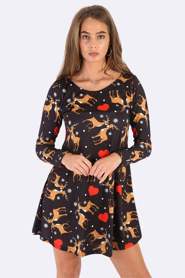 Kissing Reindeer Print Xmas Swing Dress