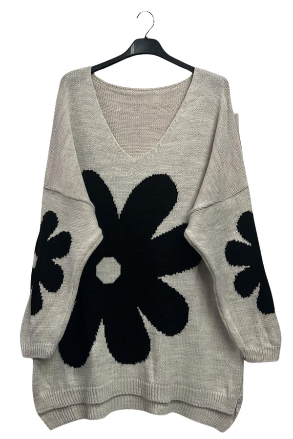 Daisy Flower Pattern High Low Cut Hem Soft Knit Jumper