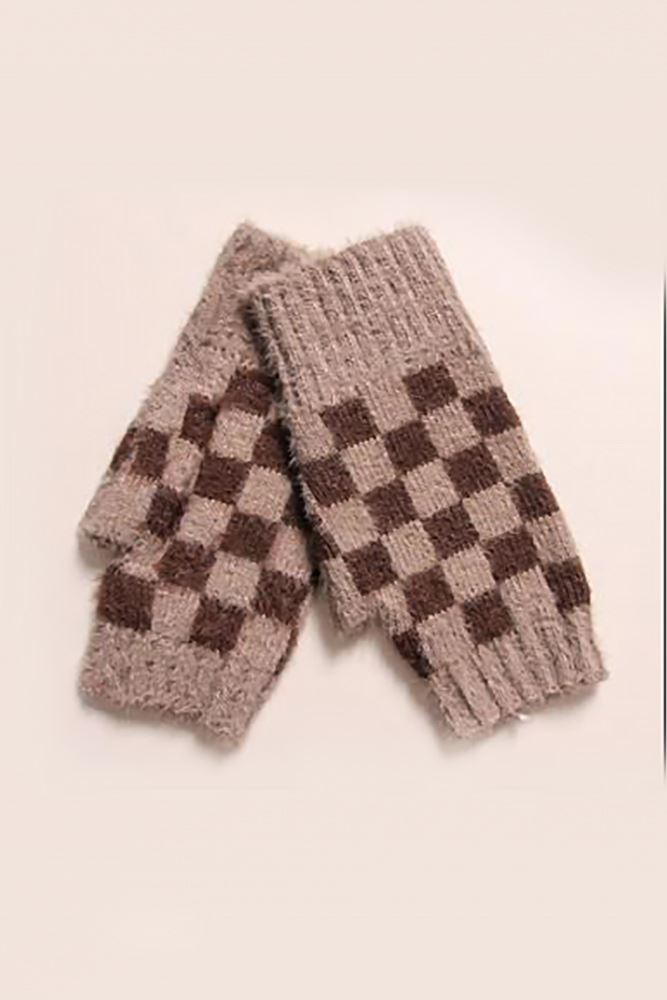 Check Pattern Knitted Fingerless Gloves