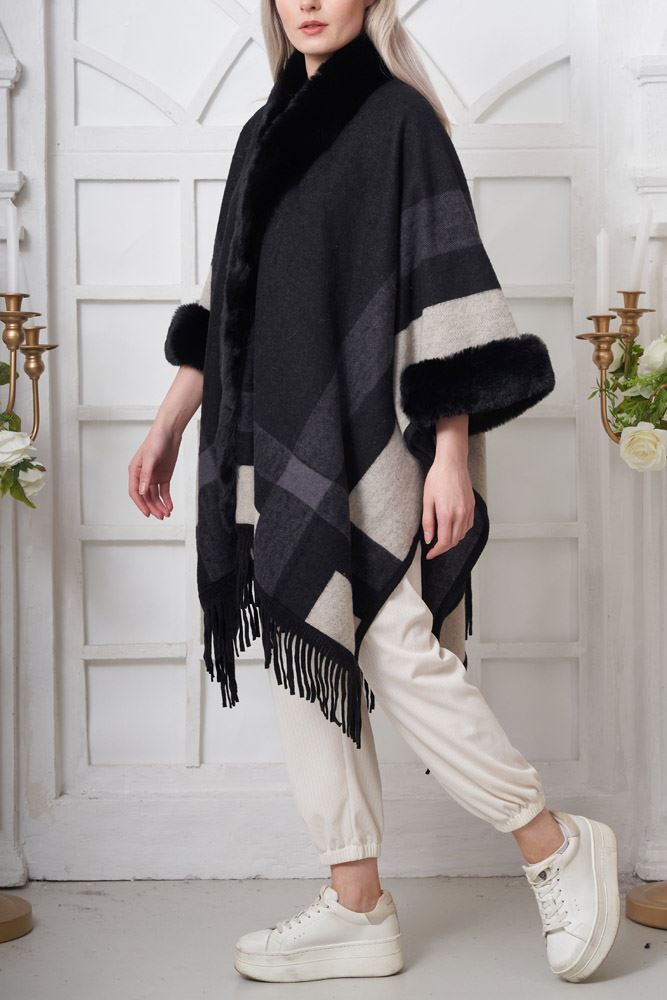 Faux Fur Plaid Poncho