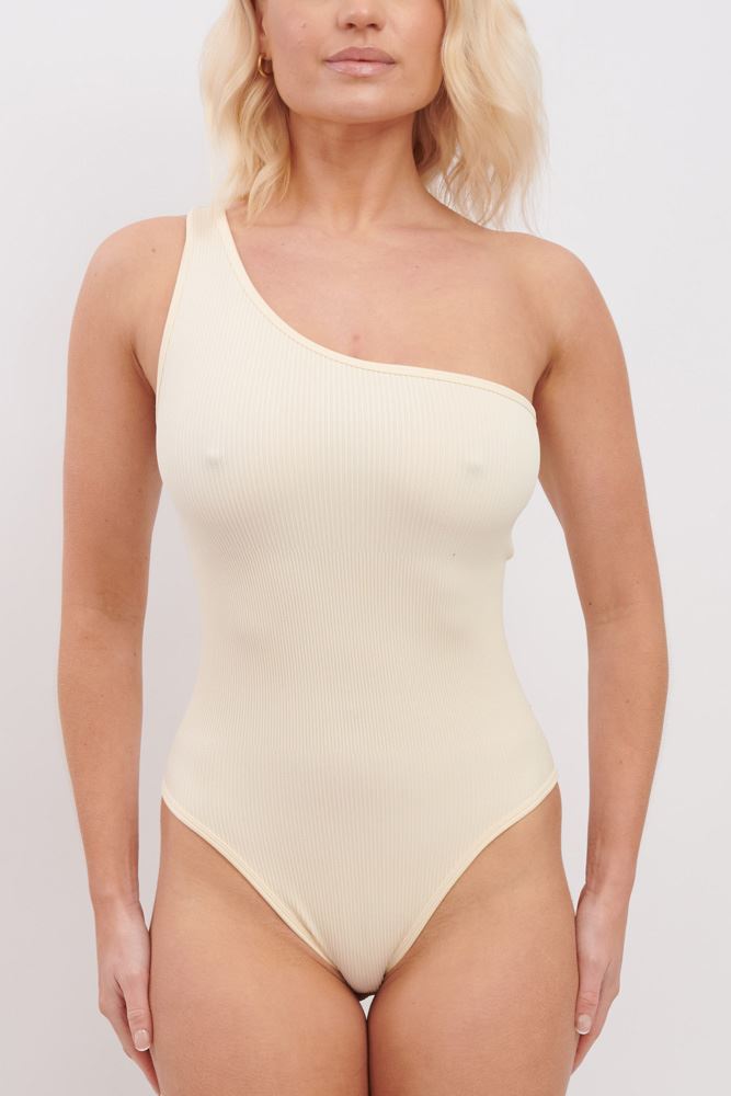 Plain One Shoulder Seamless Ribbed Nylon Bodysuit