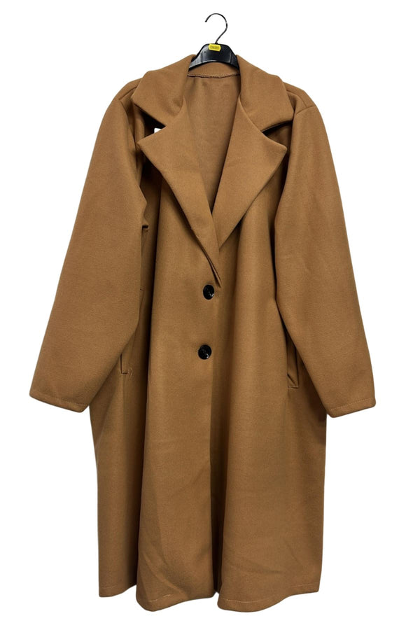 Plain Two Front Buttons Side Pockets Longline Coat