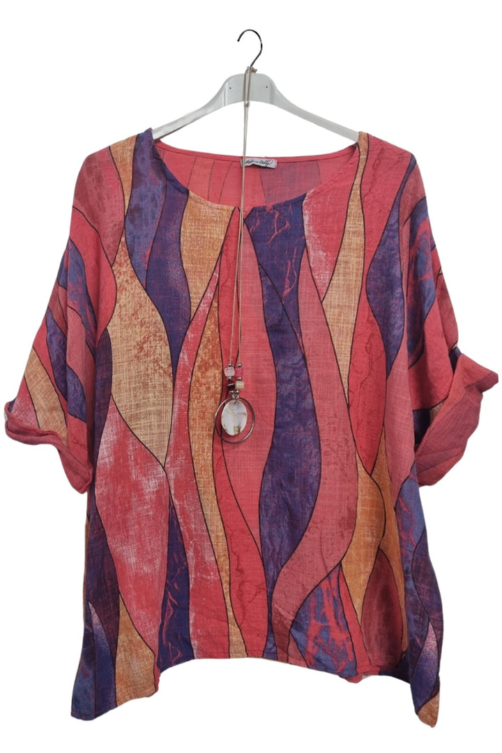 Vertical Waves Print With Necklace Cotton Top