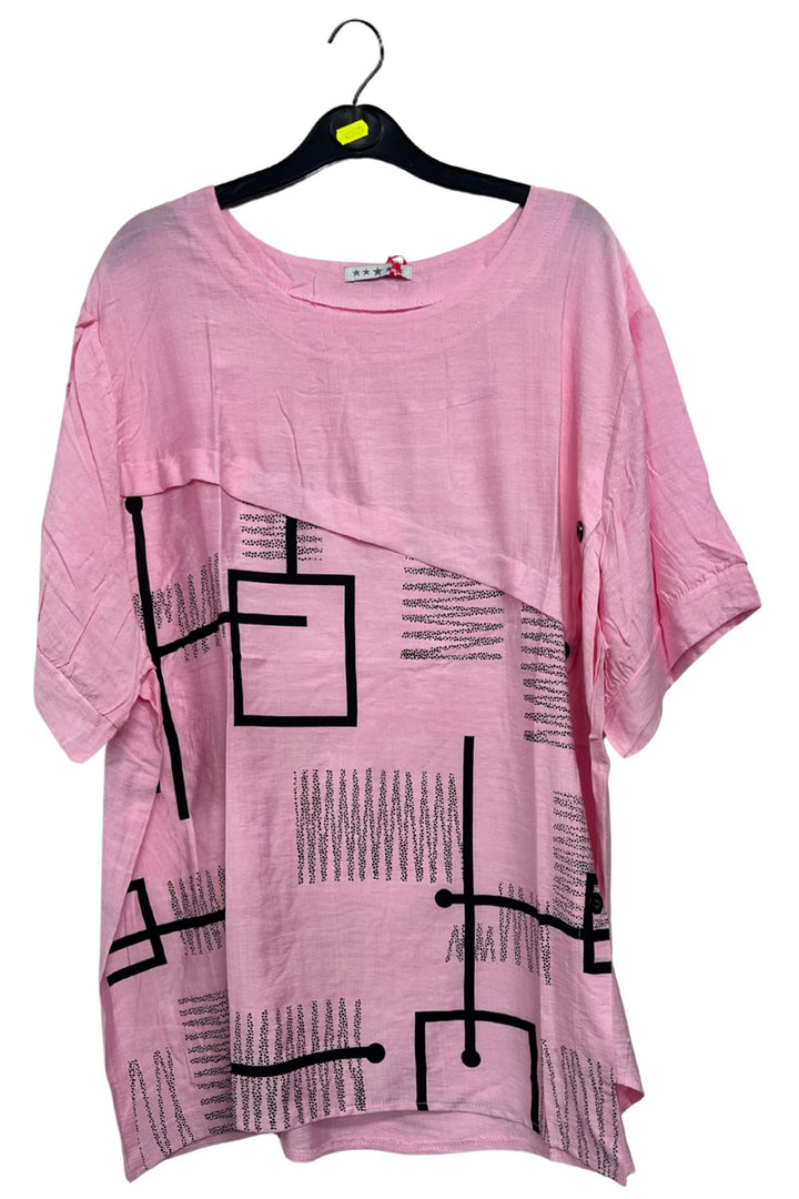 Abstract Block Print Side Button Detail Cotton Top
