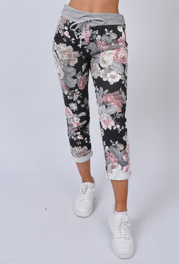 Multi Rose Flower Print Drawstring Cotton Trousers