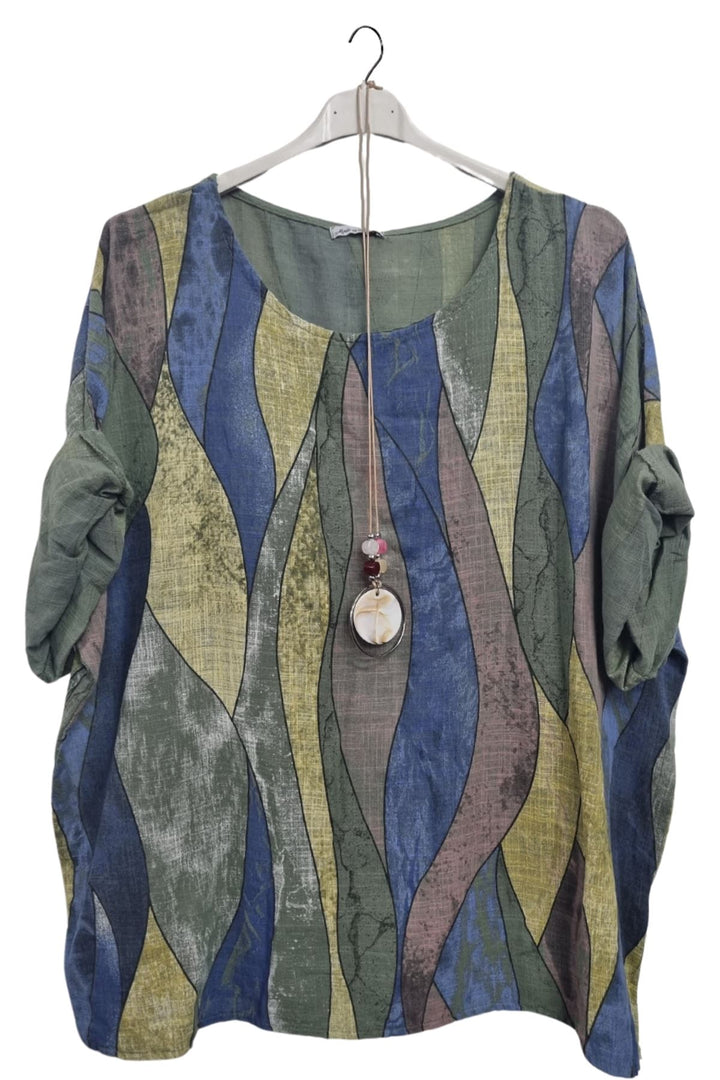 Vertical Waves Print With Necklace Cotton Top