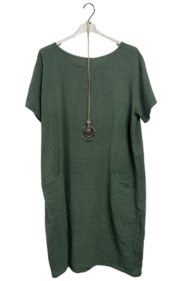 Plain Two Front Patch Pockets Cotton Dress