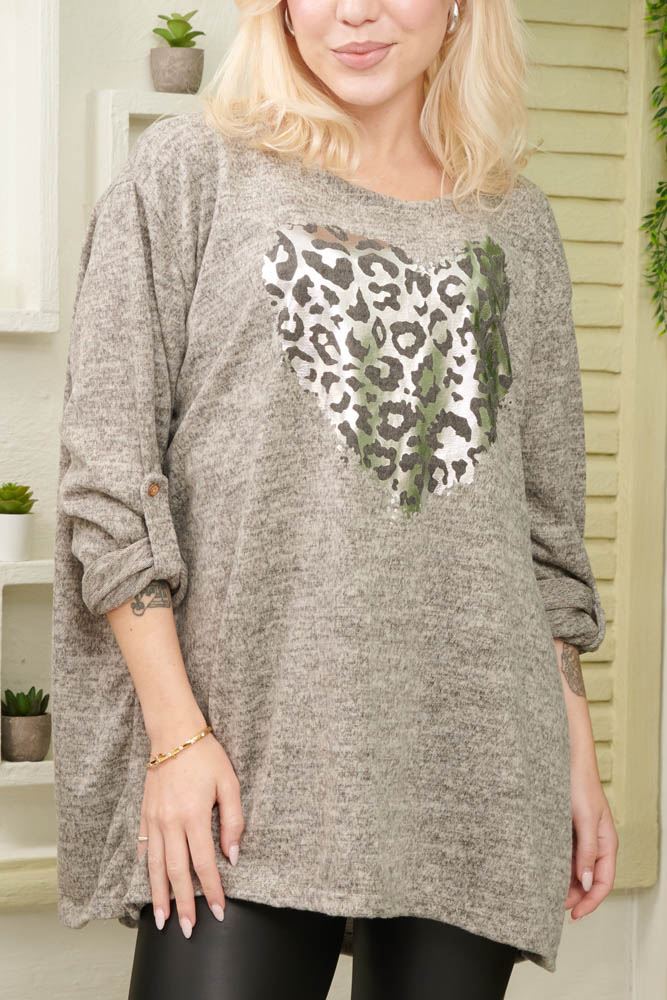 Leopard Heart Motif Knit Viscose Top