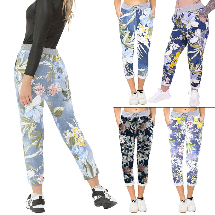 Cotton Tropical Floral Print Drawstring Trousers