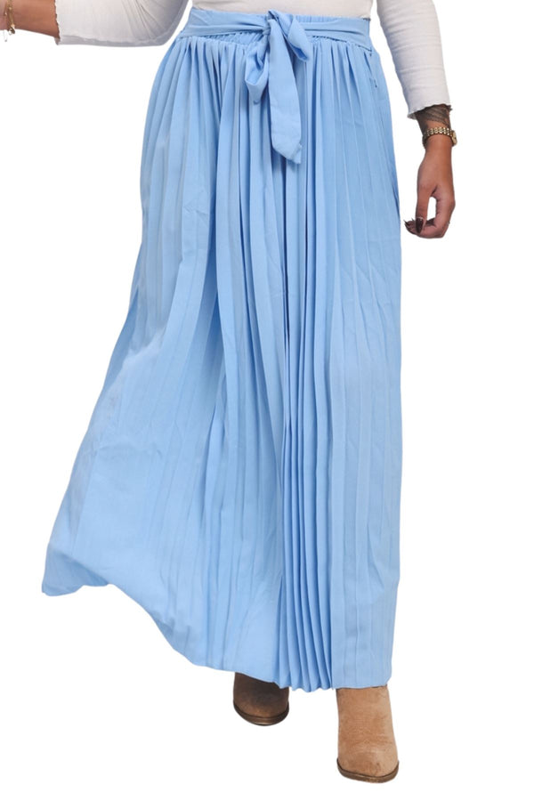 Plain Pleated Belted Waistband Skirt