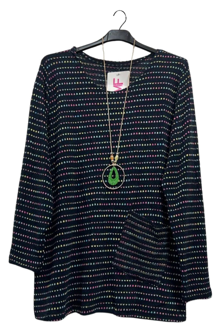 Multicoloured Dots Pattern Soft Knit Front Pocket Top
