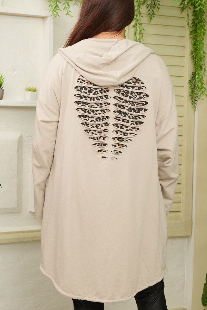 Plain Back Slit Leopard Patch Print Cotton Cardigan