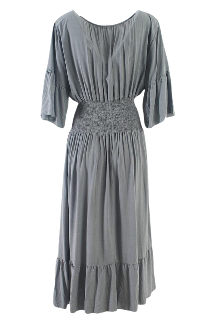 Plain Shirred Waist Flared Sleeves Maxi Dress