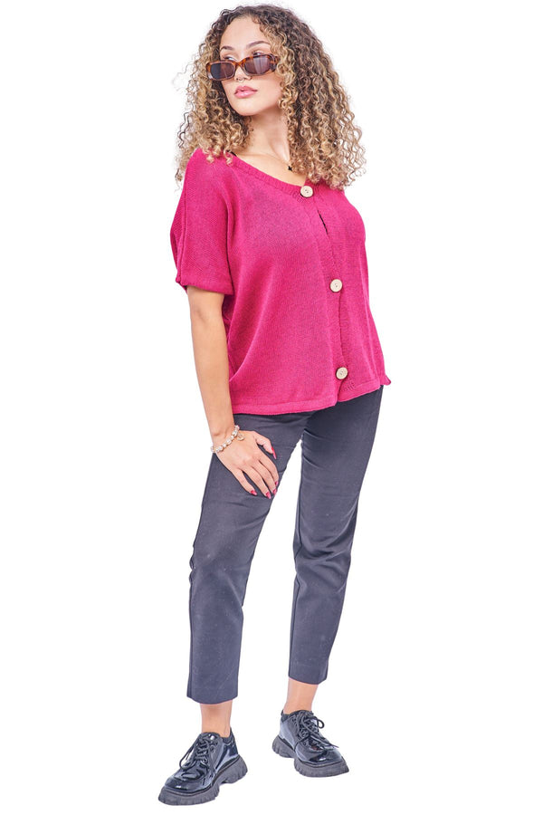 Plain Three-Button Closure Knit Cotton Top