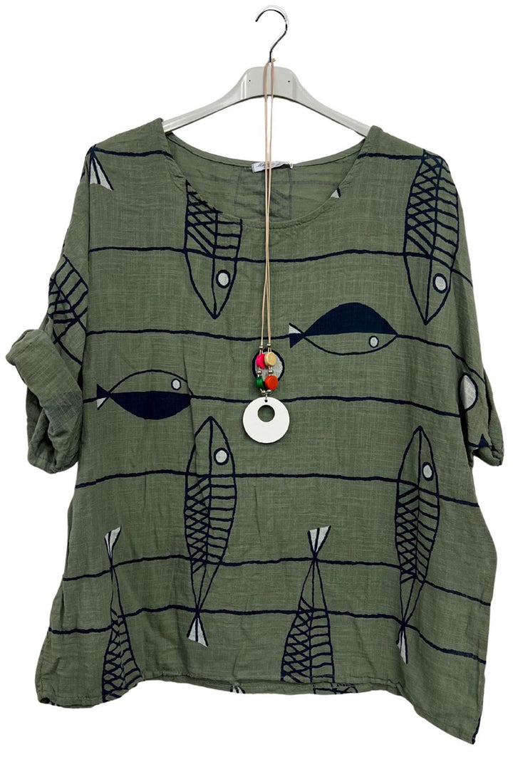 Abstract Fish Print Cotton Tunic Top