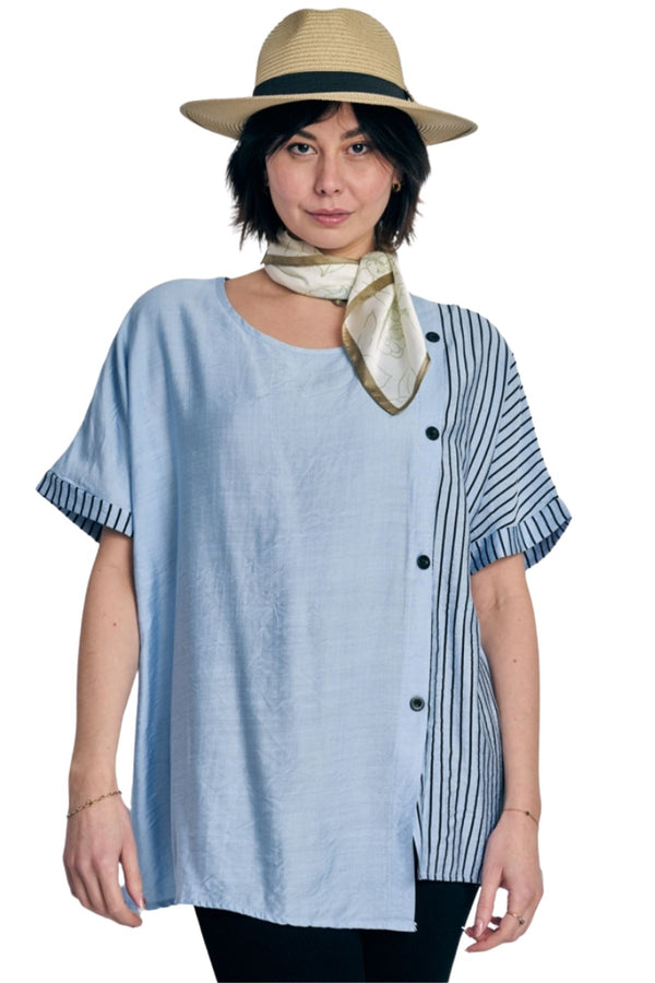 Stripe Print Side Button Detail Cotton Top