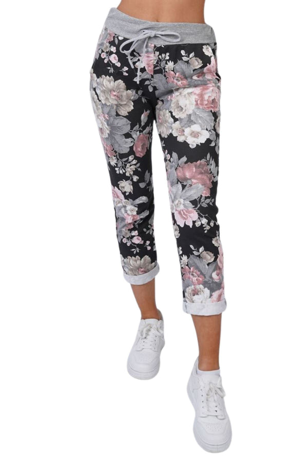 Special Price Multi Rose Flower Print Drawstring Cotton Trousers