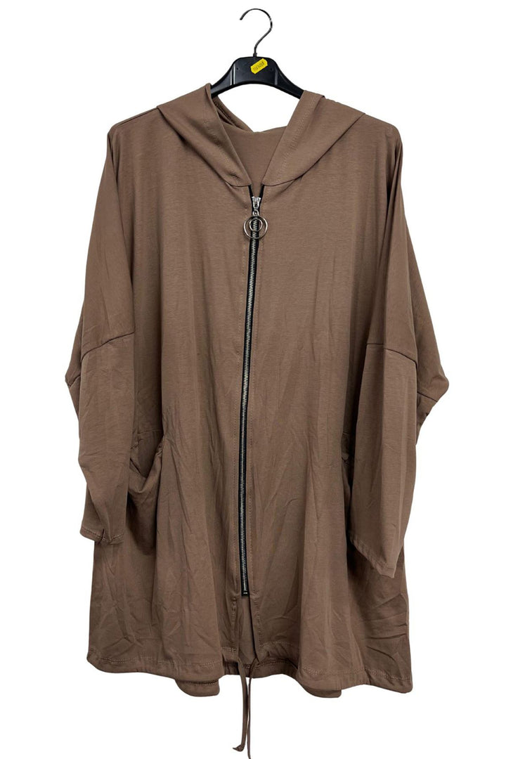 Plain Zip-Front Drawstring Hem Cotton Hoodie
