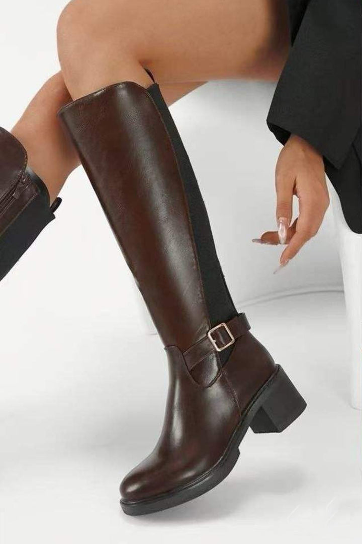 Buckle Strap Block Heel Knee High Shoes