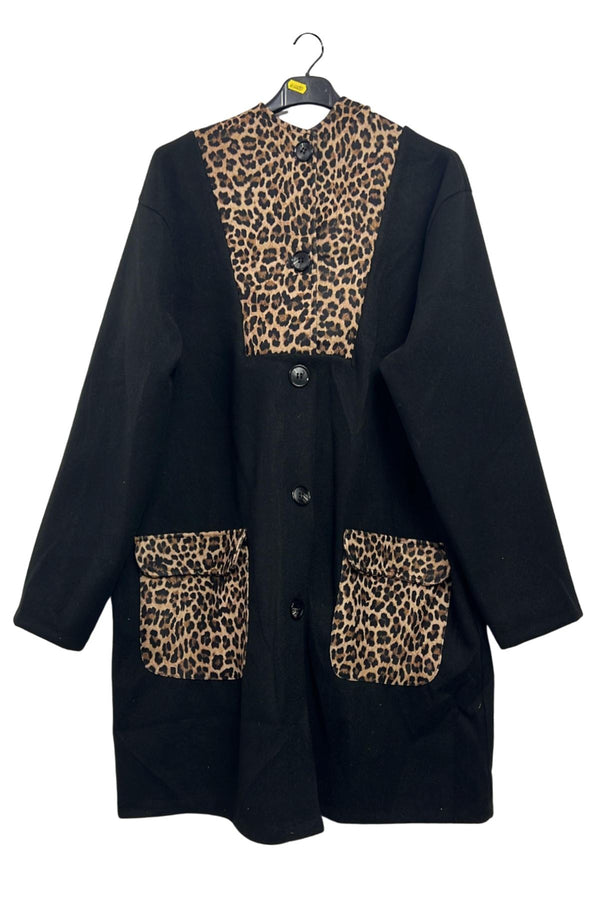 Leopard Print Button-Up Front Two Pockets Coat