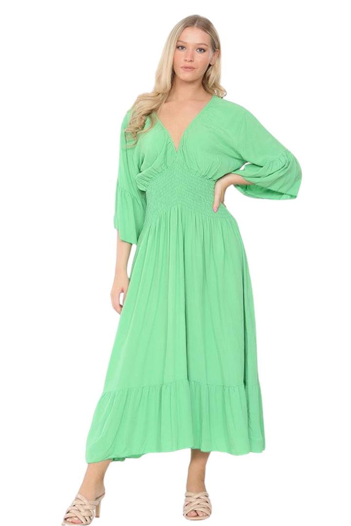 Plain Shirred Waist Flared Sleeves Maxi Dress