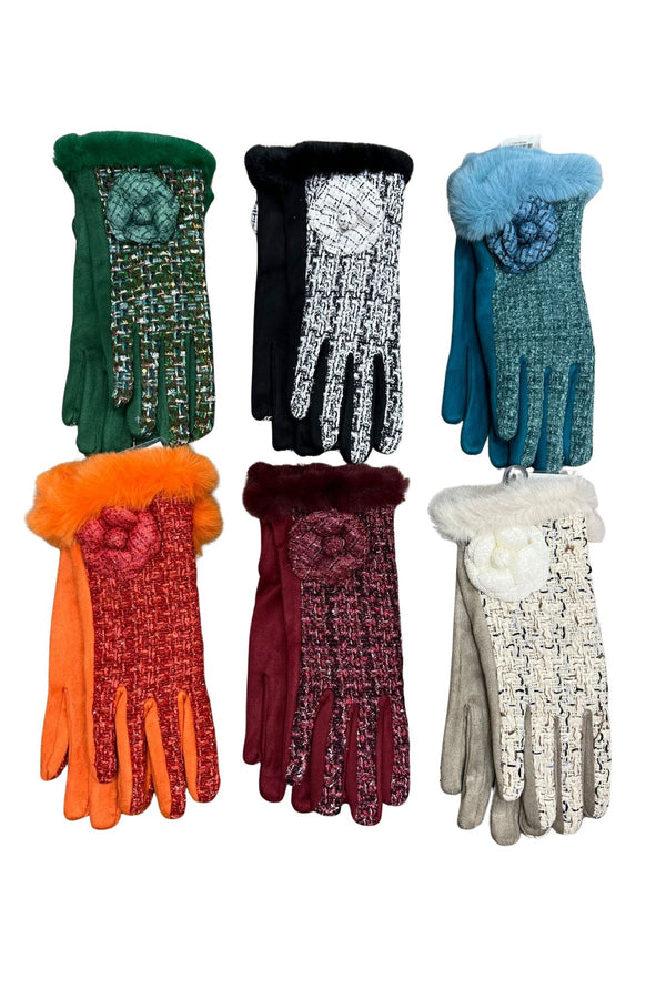 Faux Fur Trim Flower Appliqué Gloves
