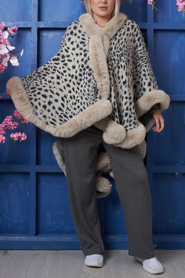 Leopard Print Faux Fur Batwing Sleeve Poncho